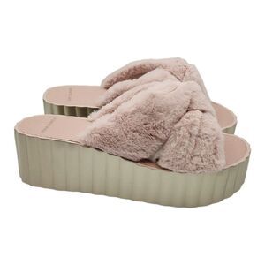 Tory Burch Faux Fur Scallop Wedge Slide Sandal Sea Shell Pink Size 10‎ $168